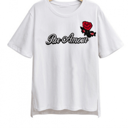 Rose Embroidered And ‘par Amour’ Graphic Tee..
