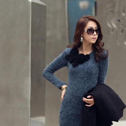 Round Collar Pure Color Knit Long Sleeve Dress