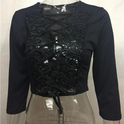 Black Lace Quarter Sleeved Cropped Top Featuring..
