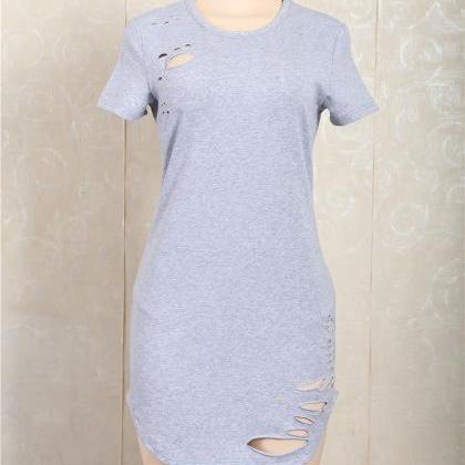 Hole Short Sleeve Pure Color Round Collar Casual..