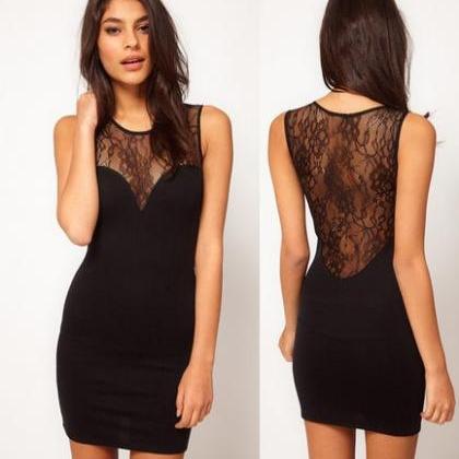 Sexy Pure Color Lace Stitching Short Dress