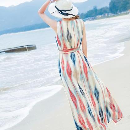 Bohemia Stripe Sleeveless Chiffon Long Beach Dress