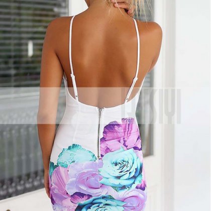 Sexy Backless Condole Belt Printed Chiffon Dress