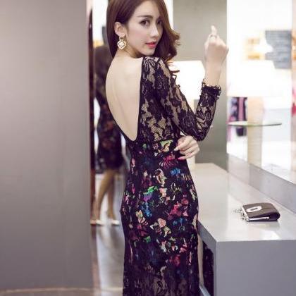 Sexy Round Collar Backless Long Sleeve Lace Dress