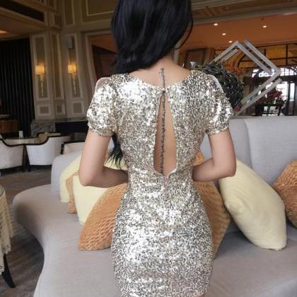 Sexy Sequins Short Sleeves Tight Bo..