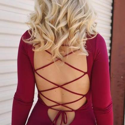 Pure Color Knitting Long Sleeve Tight Backless..