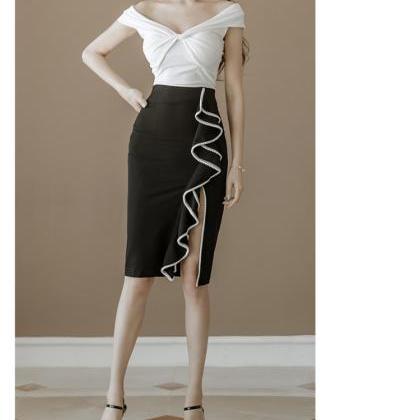 V-neck Shirt+black Bodycon Skirts Two Piece Sets