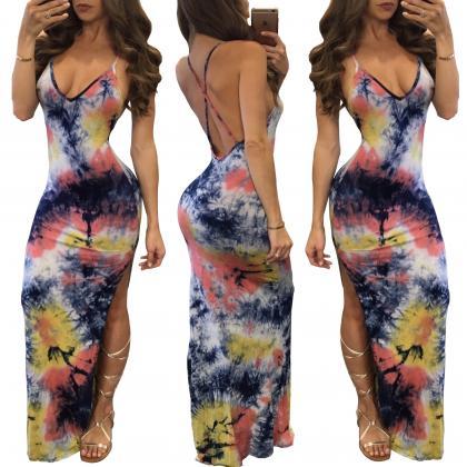 Summer Sexy Backless Inkjet Print Dress