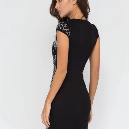 Black And White Drill V-neck Short Sleeve Dress