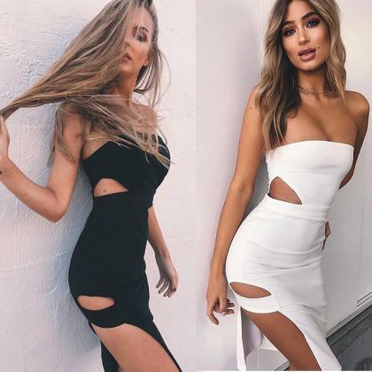 Black And White Strapless Open Fork Bodycon Dress