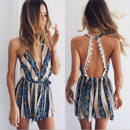 V-neck Sexy Backless Tassel Printing Jumpsuits