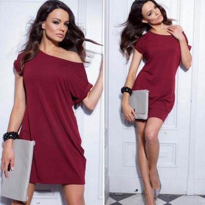 Round Collar Pure Color Casual Dress