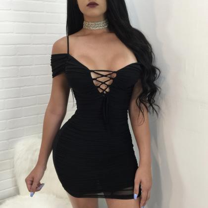 Sexy Pure Color V-neck Lace-up Bodycon Dress