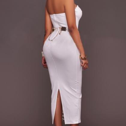 Strapless Bodycon Hollow Out Pure Color Tee-length..