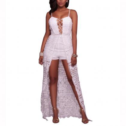 Spaghetti Straps Hollow Out Lace Irregular..