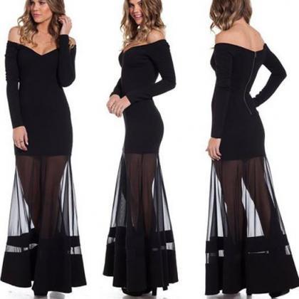 Off Shoulder Solid Mesh Pleated Long Party Dress