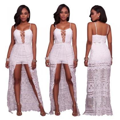 Spaghetti Straps Hollow Out Lace Irregular..