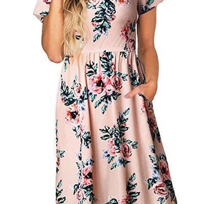 Flower Print Short Sleeves Tee Length Party Dress