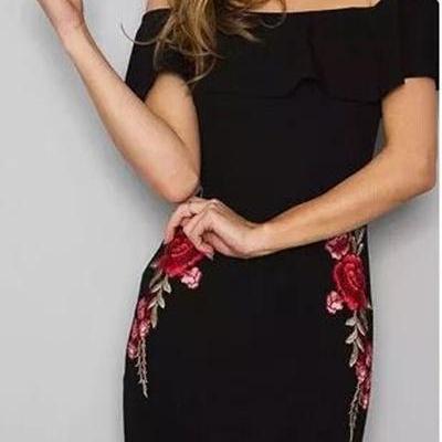 Off Shoulder Ruffles Embroidery Short Bodycon..