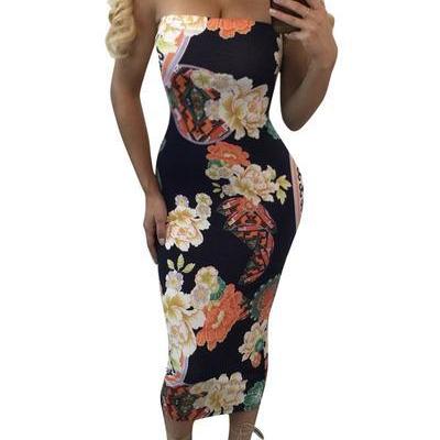 Sexy Off Shoulder Strapless Print Tee-length Dress