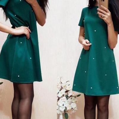 Pure Color Scoop Half Sleeves Short Lovely Dress