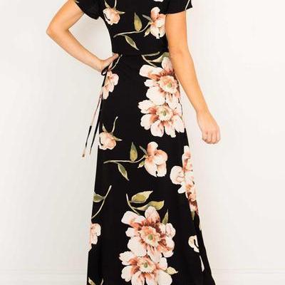 V-neck Flower Print Long Dress