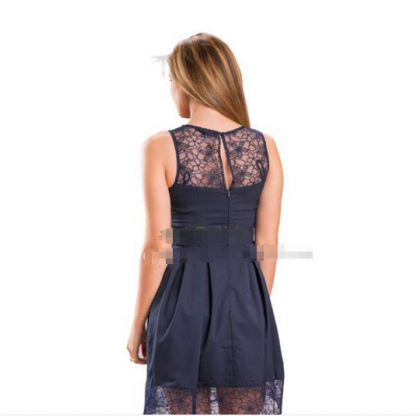 Scoop Pure Color Lace Patchwork Sleeveless Short..