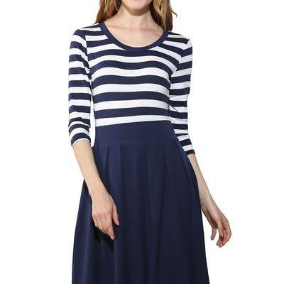 Striped Lovely Scoop 3/4 Sleeves Knee-length Dress