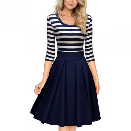Striped Lovely Scoop 3/4 Sleeves Knee-length Dress