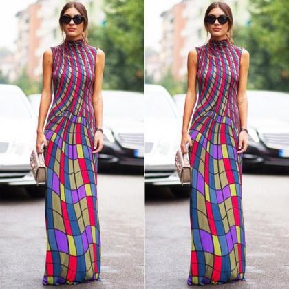 High Neck Stripe Print Colorful Long Dress