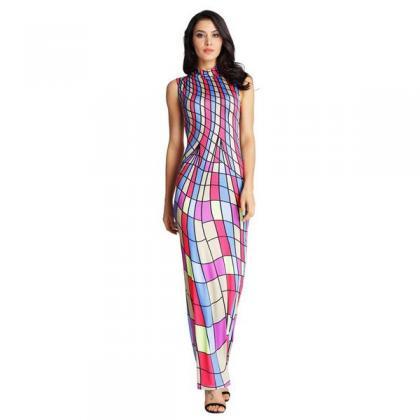 High Neck Stripe Print Colorful Long Dress
