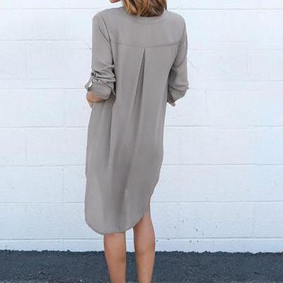 Simple Long Sleeves V-neck Pure Color Short Dress