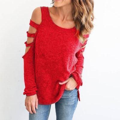 Bear Shoulder Pure Color Hollow Out Long Sleeves..