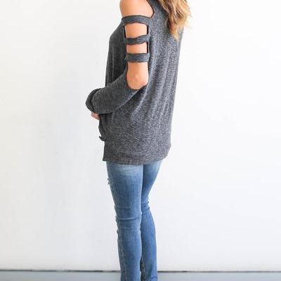 Bear Shoulder Pure Color Hollow Out Long Sleeves..