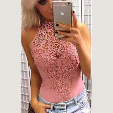 Lace Patchwork Scoop Sleeveless Short Lace..