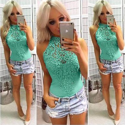 Lace Patchwork Scoop Sleeveless Short Lace..