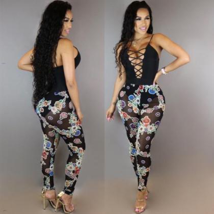 Floral Print Spaghetti Cross Straps Hollow Out..