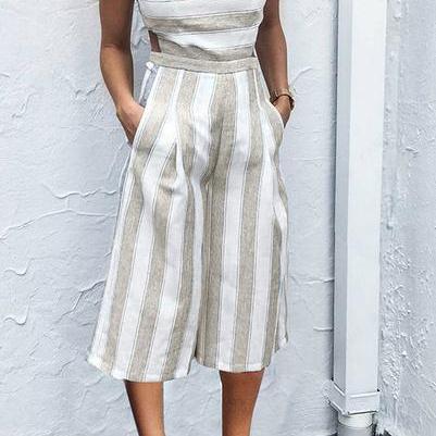 Sleeveless Striped Wide-leg Tea-length Jumpsuit