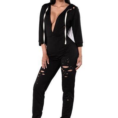 Deep V-neck Cut Out Hole Long Hooded Rope Jumpsuit