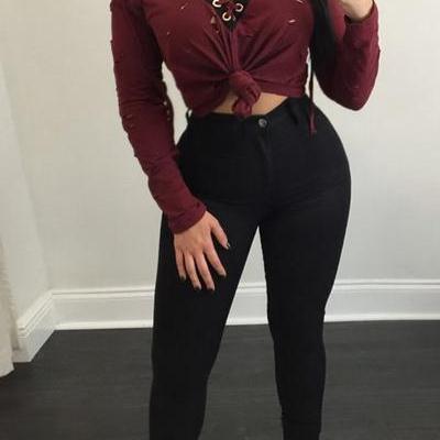 V-neck Straps Pure Color Long Sleeves Blouse