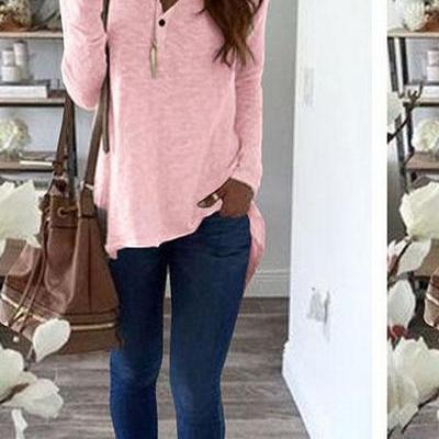 V-neck Buttons Pure Color Long Sleeves Irregular..