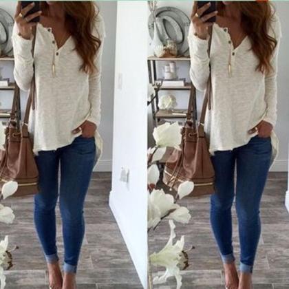 V-neck Buttons Pure Color Long Sleeves Irregular..