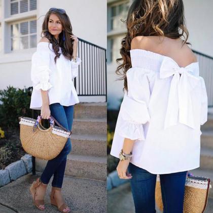 Off Shoulder Pure Color Back Bow-knot 3/4 Sleeves..