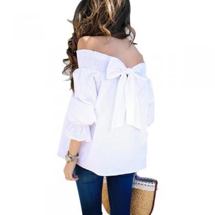 Off Shoulder Pure Color Back Bow-knot 3/4 Sleeves..