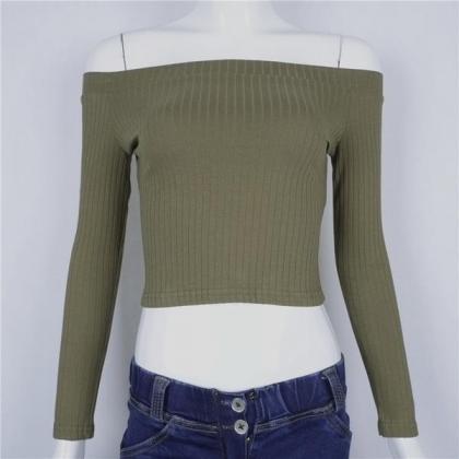 Ribbed Knit Off-the-shoulder Long Sleeved Cropped..