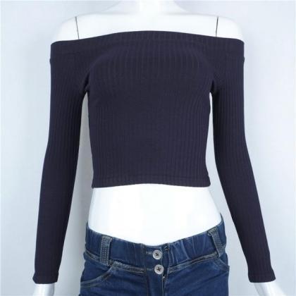 Ribbed Knit Off-the-shoulder Long Sleeved Cropped..