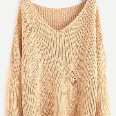 Pure Color Hole Long Sleeves V-neck Loose Sweater