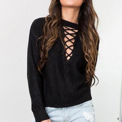 Knitted Mock Neck Sweater Featuring Lace-up Cutout..