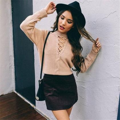 Knitted Mock Neck Sweater Featuring Lace-up Cutout..