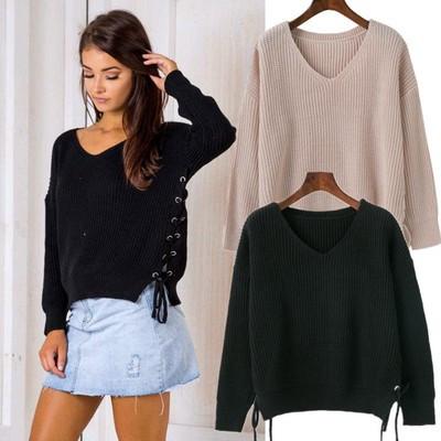 Knitted Lace-up Side Plunge V Long Cuffed Sleeves..